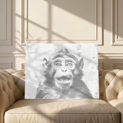 A rectangular wall art print featuring a black-and-white sketch of a monkey face, displayed on a beige tufted sofa in a sunlit room with decorative paneling. Happy Monkey | Dot Painting Kit