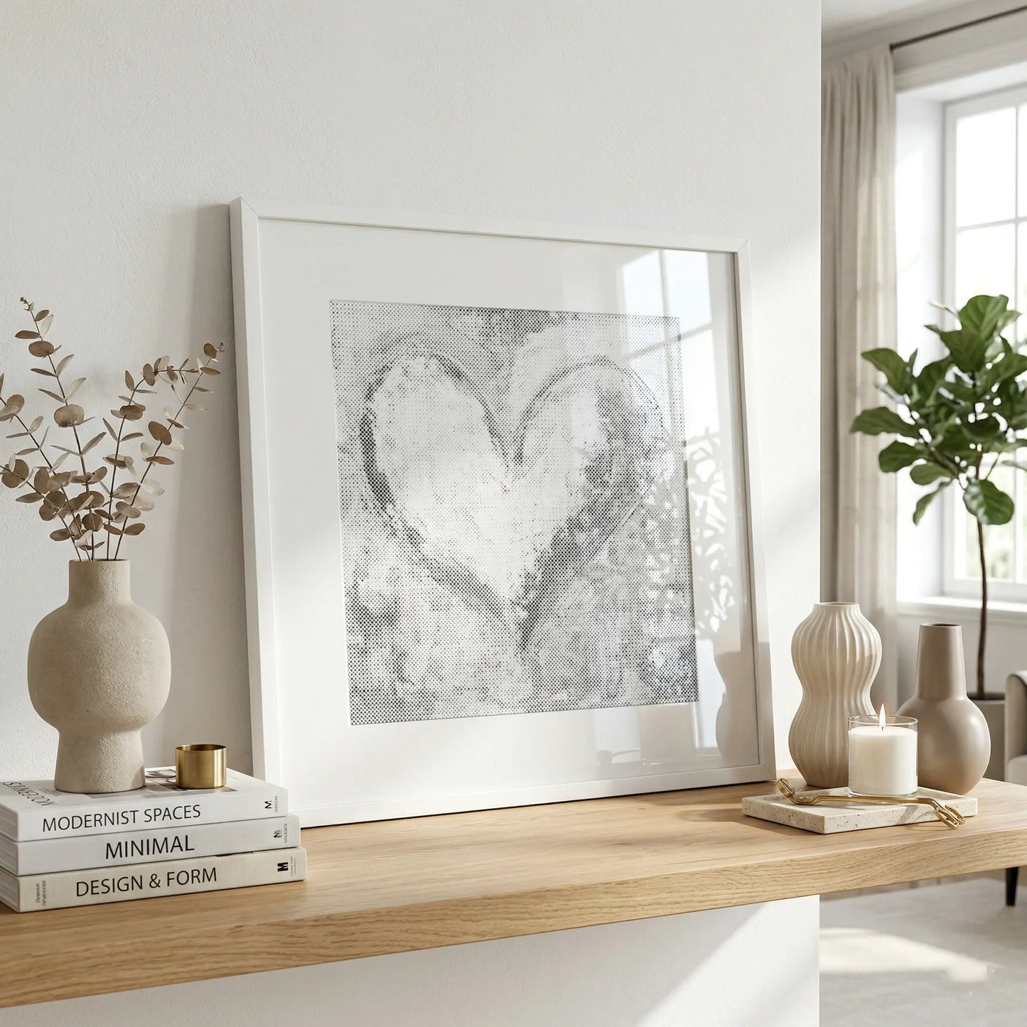 Framed heart paint dy dots dot painting on a wooden shelf with decor items in a bright room.