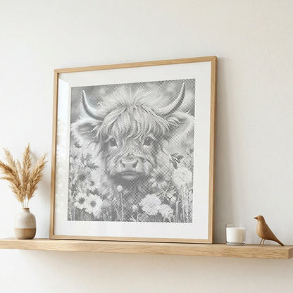 Framed artwork of a highland cow with flowers on a wooden shelf.