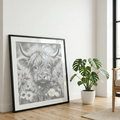 Framed artwork of a highland cow in a room with a plant and chair.