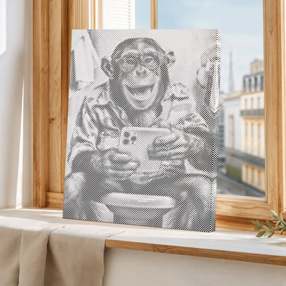 Framed artwork of a monkey holding a coffee cup on a windowsill with a cityscape view.