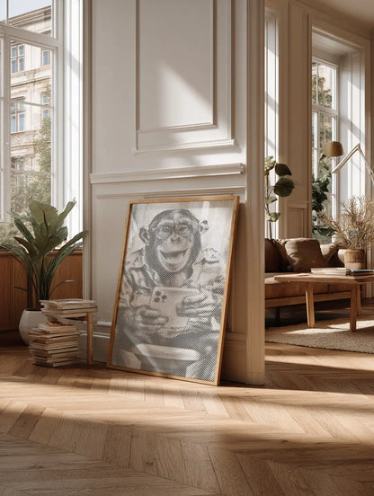 Framed artwork of a monkey in a modern living room with large windows.