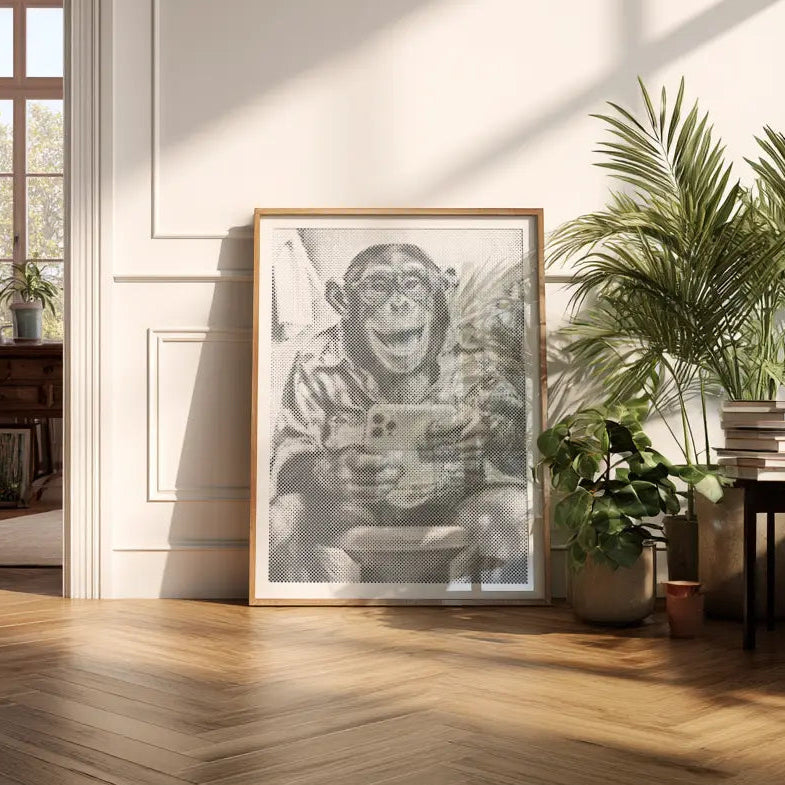 Framed artwork of a monkey holding a camera in a sunlit room with plants and books.