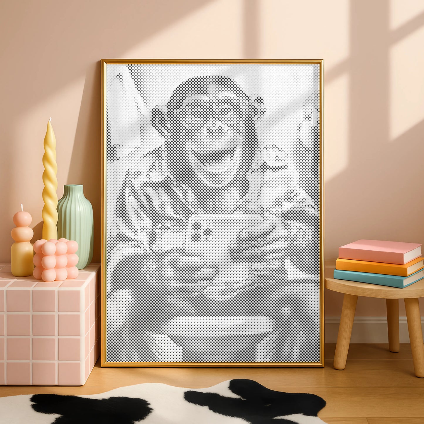 Framed artwork of a monkey holding a smartphone in a room with decor elements.