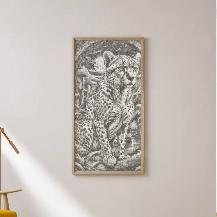 Living room with a yellow armchair, framed artwork on the wall, and a lamp.  Majestic Leopard | Dot Painting Kit