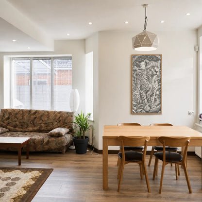 Modern living room with a dining table and chairs, featuring a wall art of a tiger. Majestic Leopard | Dot Painting Kit