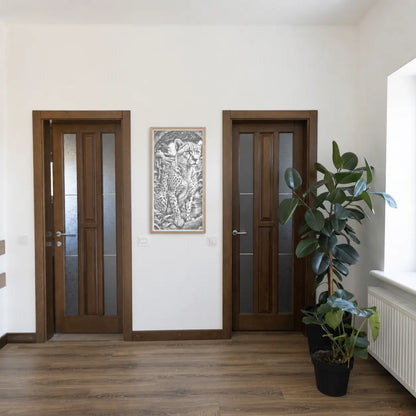 Two wooden doors with glass panels in a room with a plant and artwork on the wall. Majestic Leopard | Dot Painting Kit