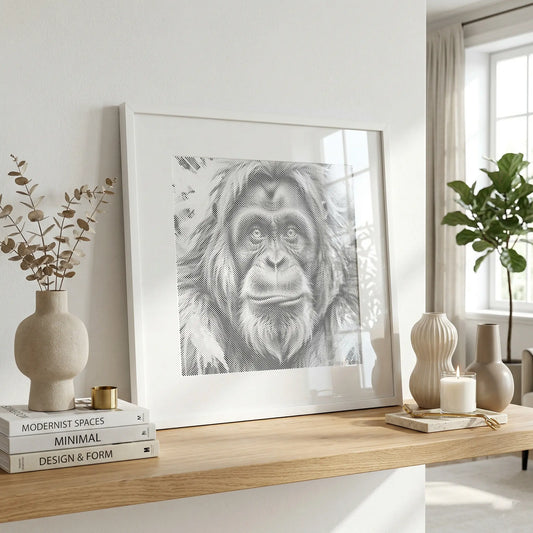 A large white-framed black and white art print of an orangutan face, styled on a light wood console table with neutral ceramic vases, candles, and books in a bright, modern room. Orangutan | Dot Painting Kit