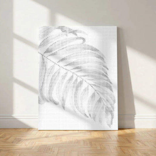 Abstract white artwork on a wall with a wooden floor and light-colored walls. Palm Leaf Minimalist | Dot Painting Kit