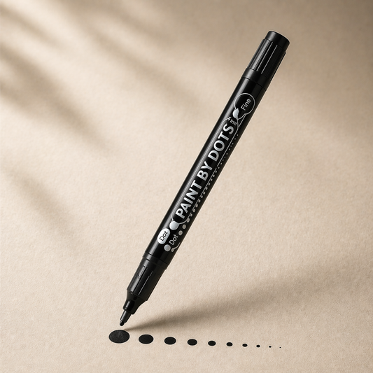 Black marker pen labeled 'Paint by Dots' on a beige background Precision Dual Tip Pen for Dot Painting