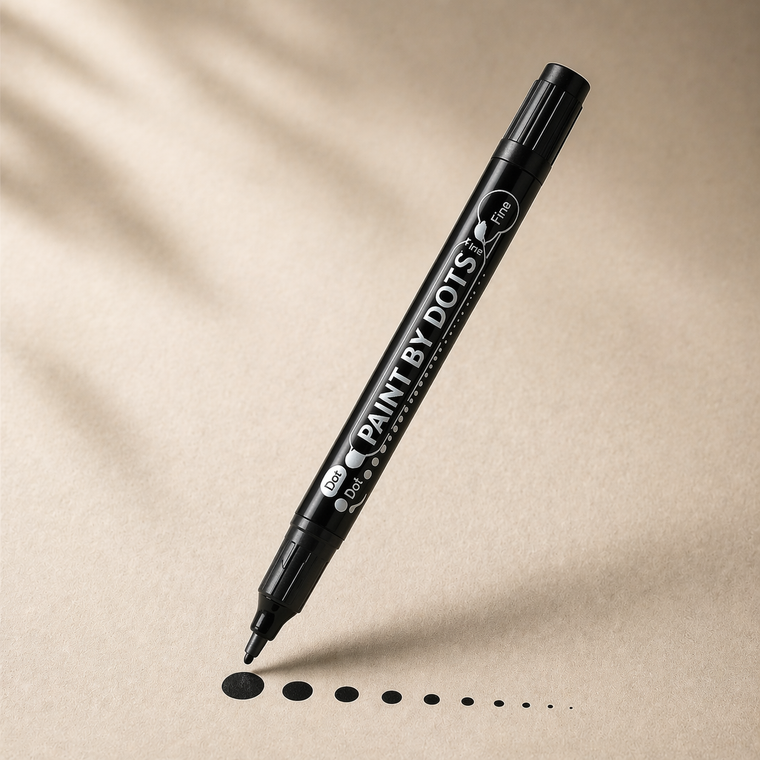 Black marker pen labeled 'Paint by Dots' on a beige background Precision Dual Tip Pen for Dot Painting