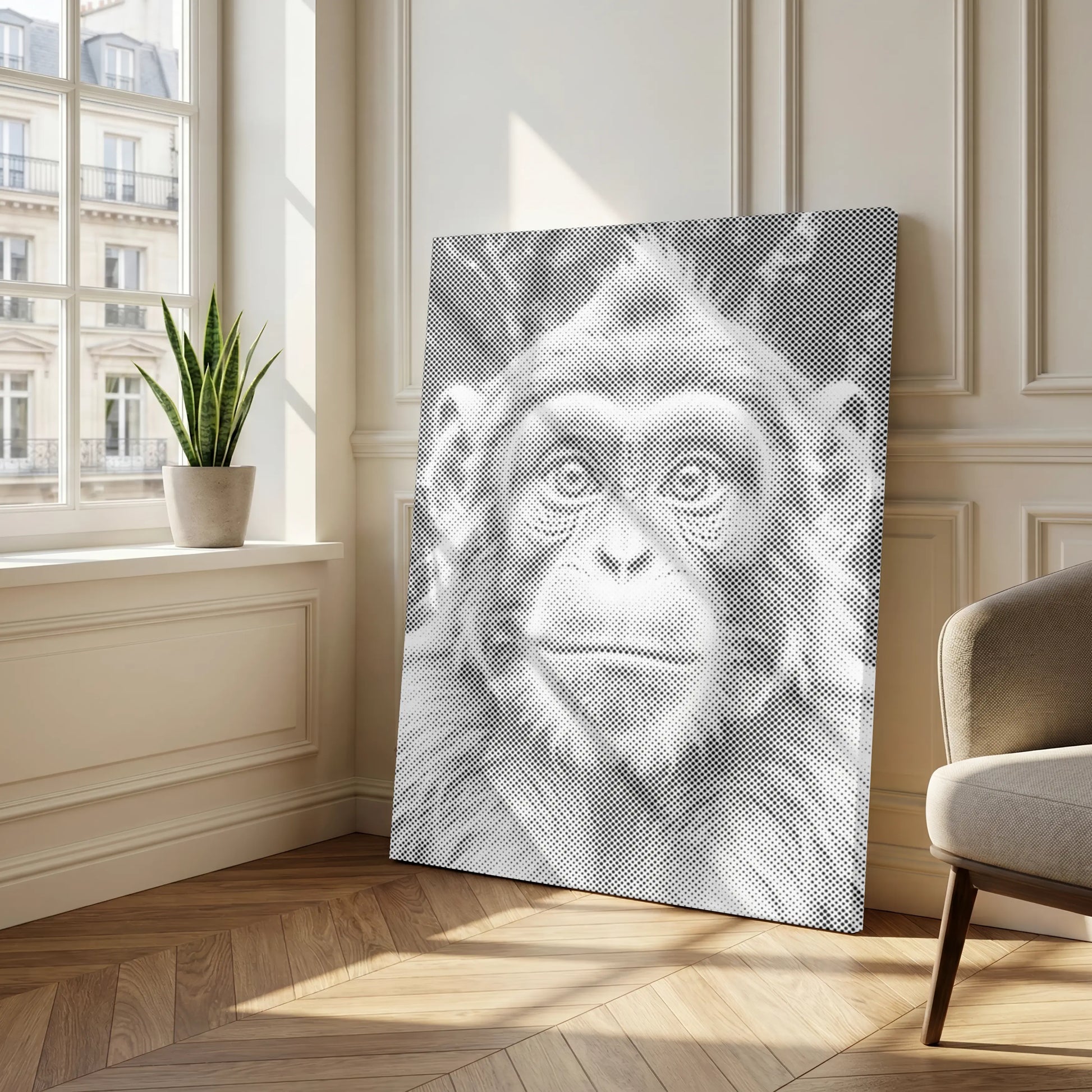 Dot Painting Kit of a monkey's face in a room with a plant and chair.