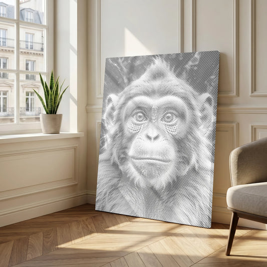 Dot Painting Kit of a monkey's face in a room with a plant and chair.