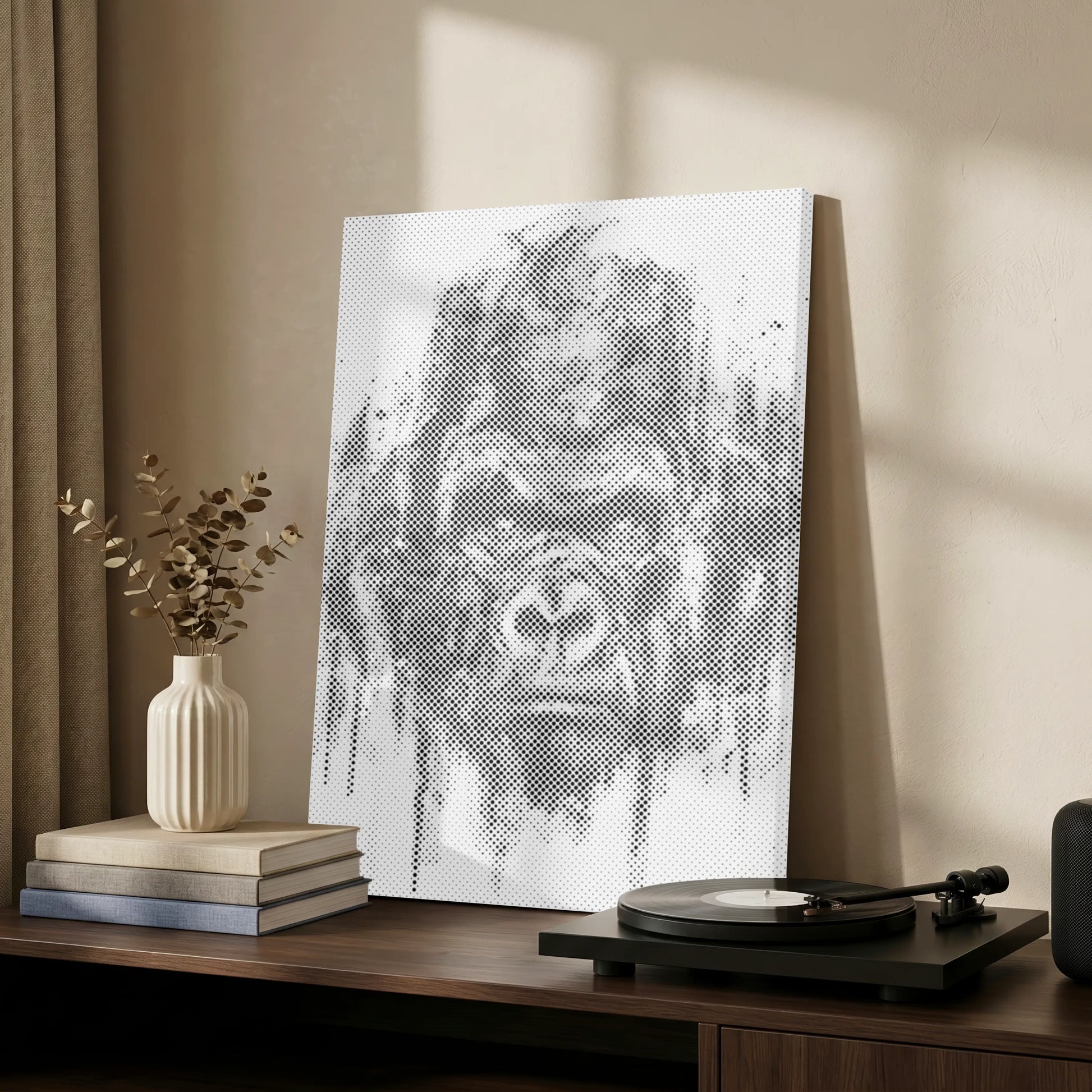 Decorative wall art on a shelf with books and a vase in a room setting gorilla portrait dot painting kit on canvas