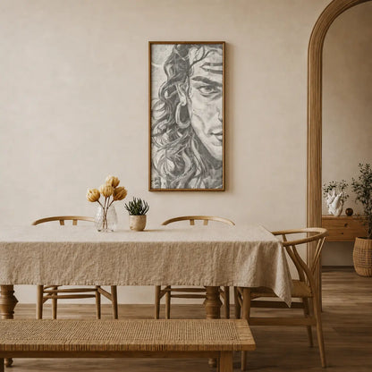 Dining room with a table, chairs, and wall art in a home setting. Shiva Hindu God | Dot Painting Kit
