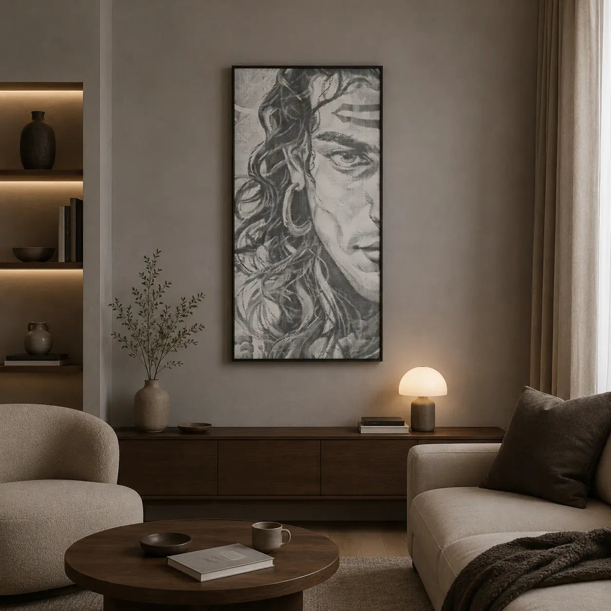 Living room with a large framed portrait on the wall, a sofa, and a coffee table. Shiva Hindu God | Dot Painting Kit