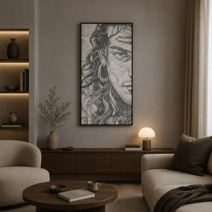 Living room with a large framed portrait on the wall, a sofa, and a coffee table. Shiva Hindu God | Dot Painting Kit