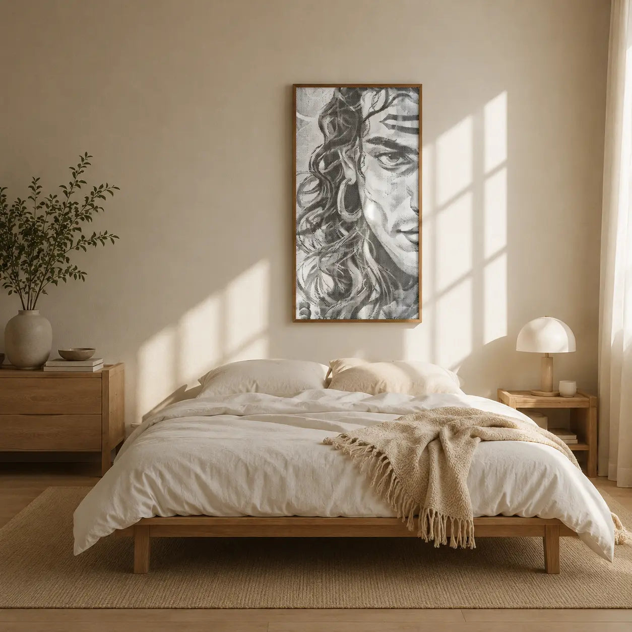 Nursery room with wooden crib, white bedding, and decorative wall art. Shiva Hindu God | Dot Painting Kit