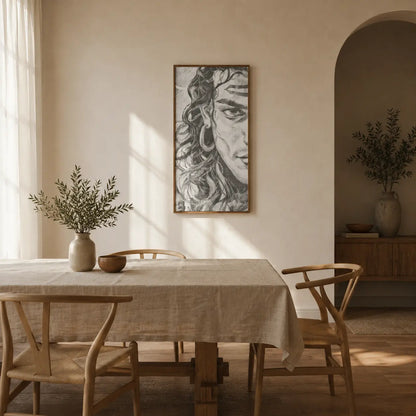 Dining room with wooden table, chairs, and a vase with greenery, featuring a large framed portrait on the wall. Shiva Hindu God | Dot Painting Kit