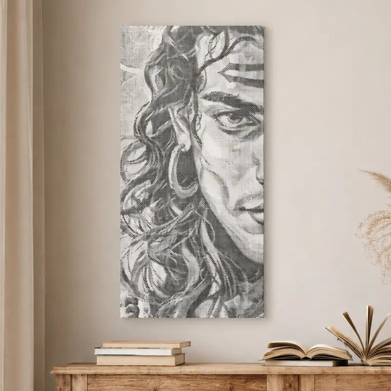 Nautical-themed room with a large wall art piece, wooden console table, and wicker chair. Shiva Hindu God | Dot Painting Kit