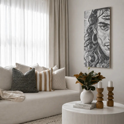 Living room with a beige sofa, decorative pillows, a round coffee table with candles and a vase, and a wall art piece. Shiva Hindu God | Dot Painting Kit