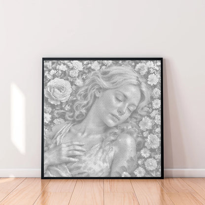 Framed artwork of a woman's face with floral patterns on a white wall.