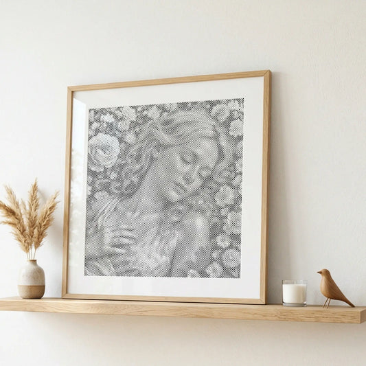 Framed artwork of a woman with flowers on a shelf with decorative items.