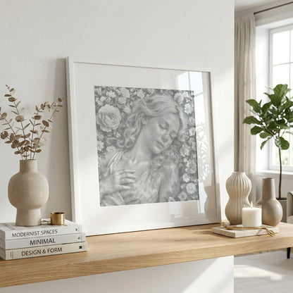 Framed artwork of a woman with flowers on a wooden shelf in a bright room.