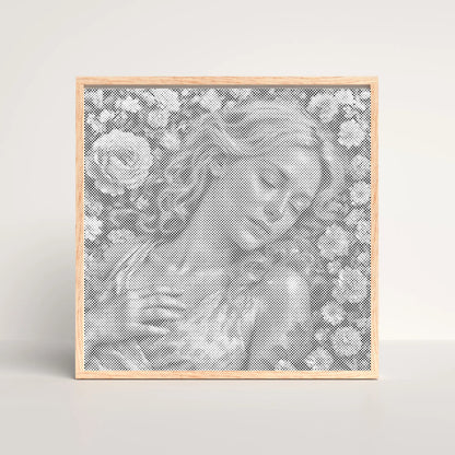 Framed artwork with a pattern of flowers and leaves on a light gray background