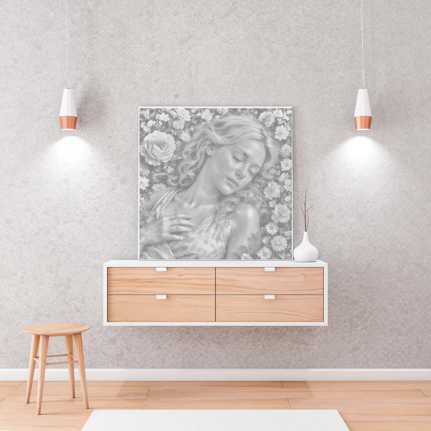 Room interior with a wooden sideboard, stool, and wall art of a woman with flowers.