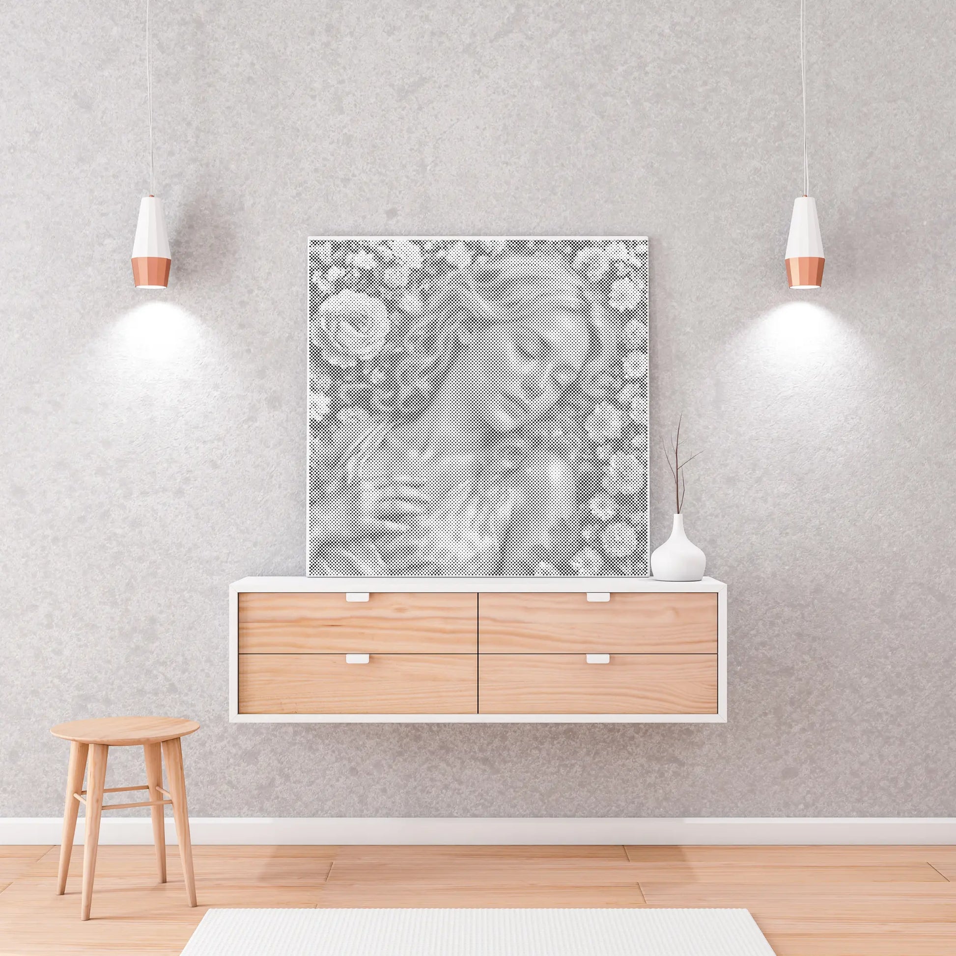 Room interior with a wooden sideboard, stool, and wall art of a woman with flowers.
