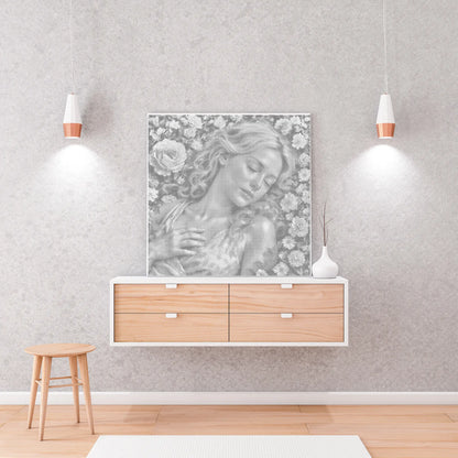 Room interior with a wooden sideboard, stool, and wall art of a woman with flowers.