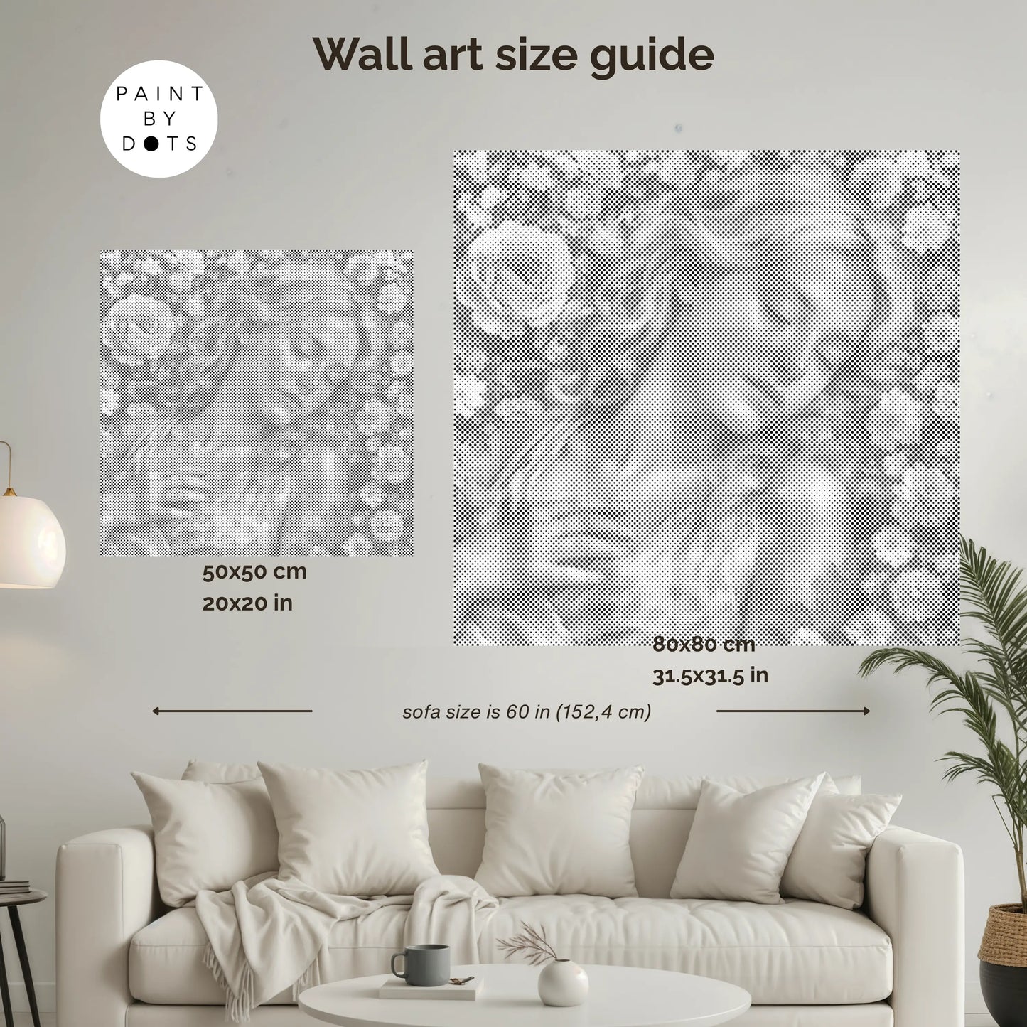 Wall art size guide with dimensions displayed on a living room wall.