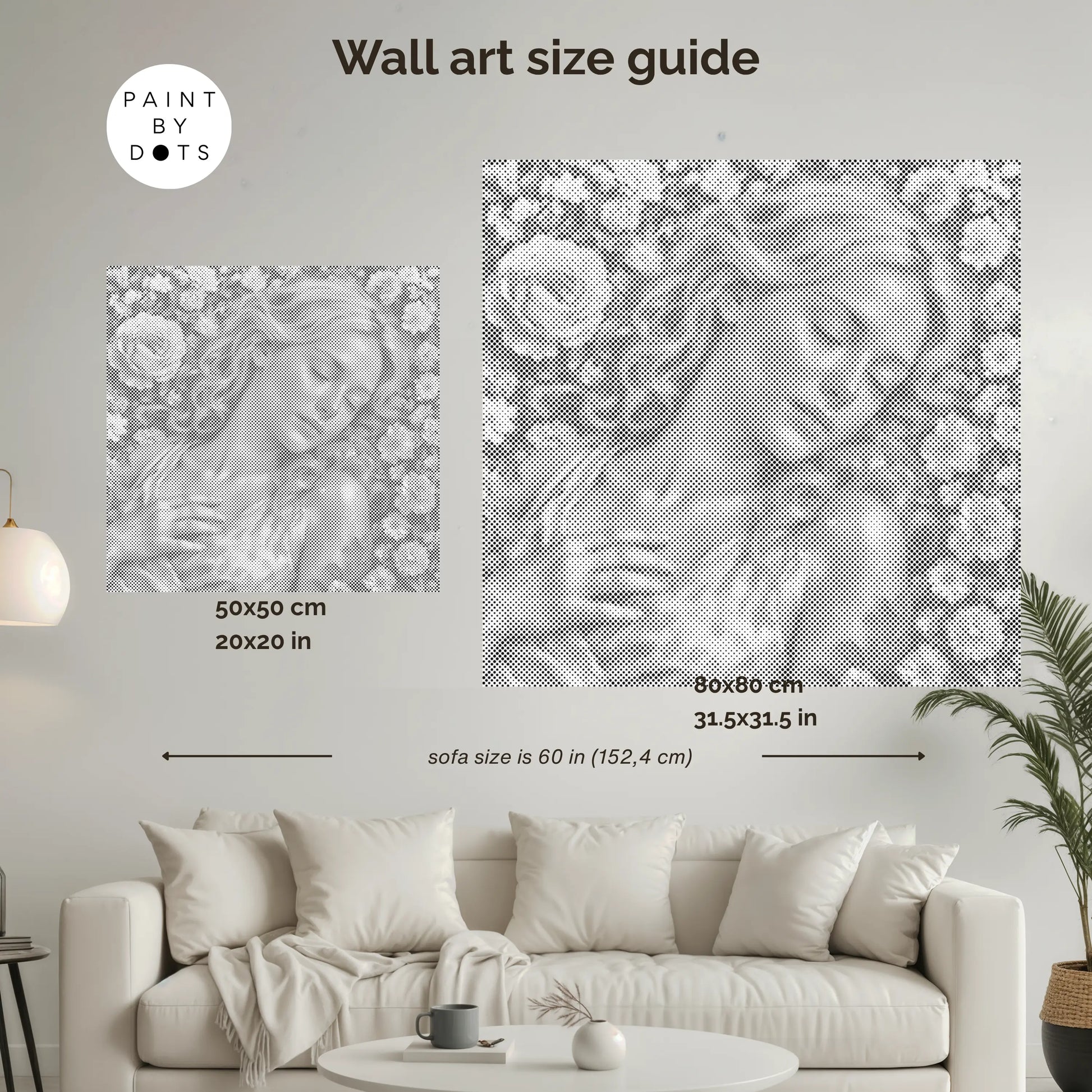 Wall art size guide with dimensions displayed on a living room wall.