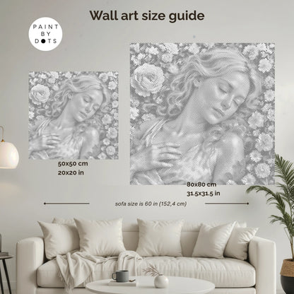 Wall art size guide with dimensions displayed on a living room wall.
