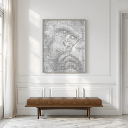 Large abstract painting on a wall above a wooden bench in a room with white walls and light wood flooring. The Thinking Gorilla | Dot Painting Kit