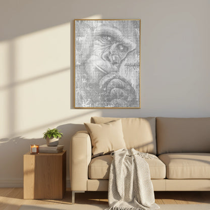 Framed artwork of a gorilla's face on a wall above a beige sofa in a living room. The Thinking Gorilla | Dot Painting Kit