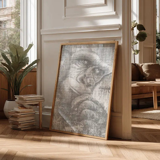 Framed artwork on a stand in a sunlit living room with wooden floors and large windows. The Thinking Gorilla | Dot Painting Kit