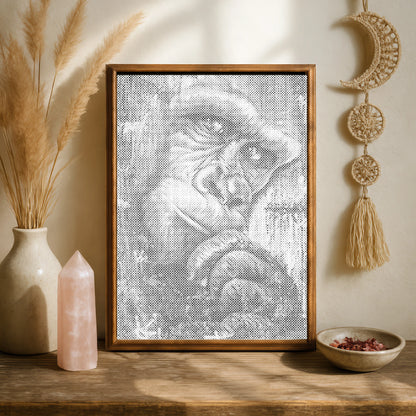 Decorative wall art piece in a wooden frame on a shelf with decorative items. The Thinking Gorilla | Dot Painting Kit