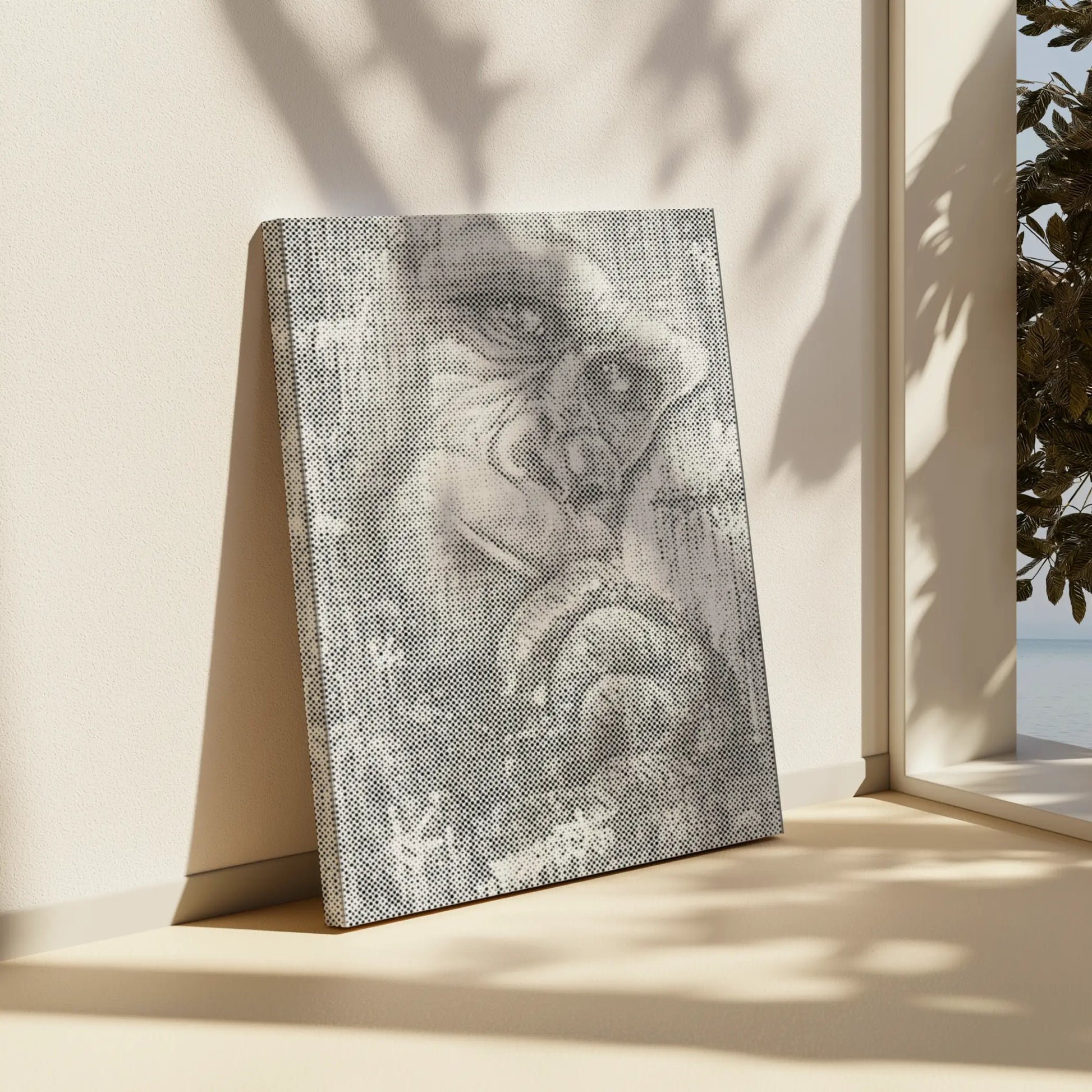 Canvas print of a monkey's face on a beige surface with a window and plant in the background. The Thinking Gorilla | Dot Painting Kit