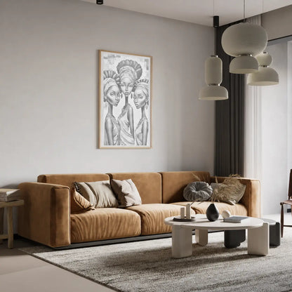Modern living room with a brown sofa, coffee table, and wall art. Three African Women | Dot Painting Kit