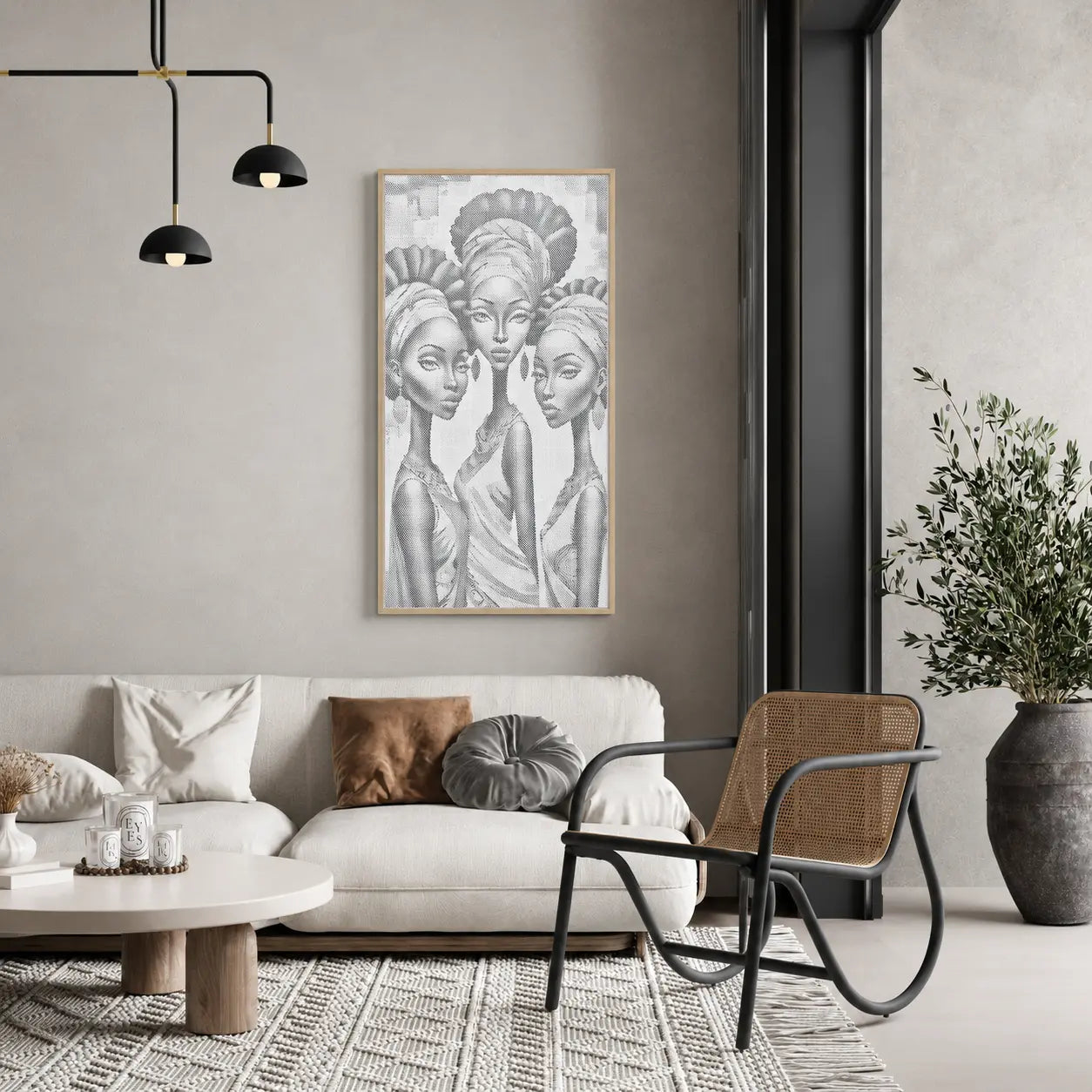Modern living room with a white sofa, armchair, coffee table, and decorative wall art. Three African Women | Dot Painting Kit