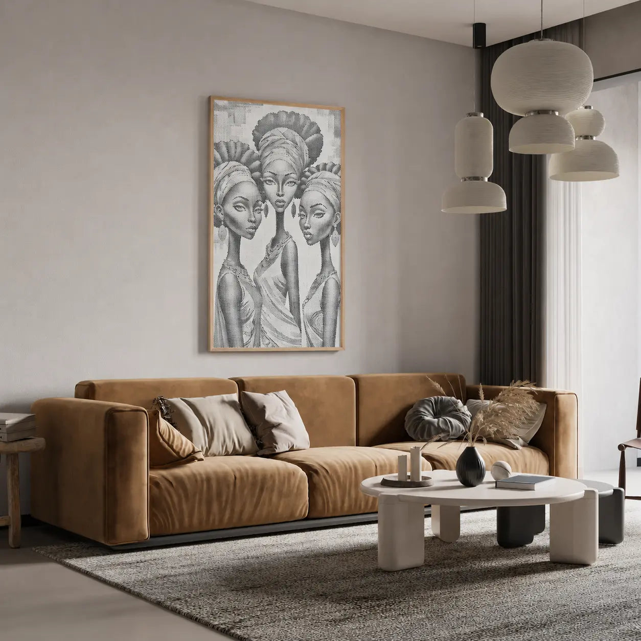 Modern living room with a brown sofa, coffee table, and wall art. Three African Women | Dot Painting Kit