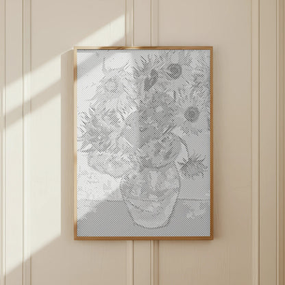 Framed abstract artwork on a beige wall. sunflowers van gogh dot painting 