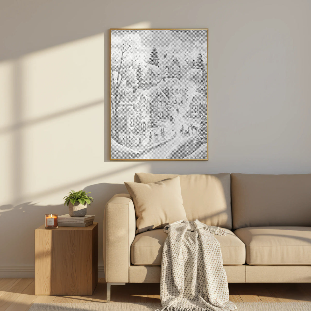 Winter Village in Snow | Dot Painting Kit finished dot painting artwork