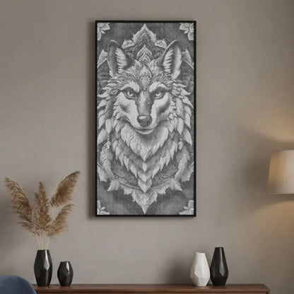 Wolf artwork on a wall above a wooden console table in a living room.