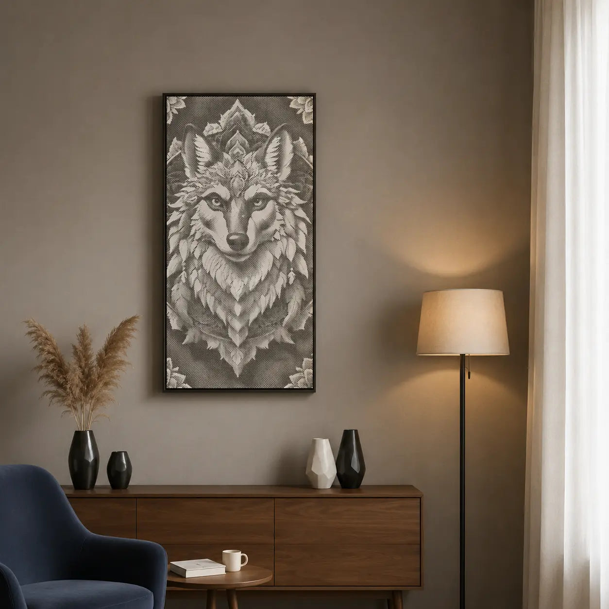 Living room with a wolf artwork on the wall, a lamp, and decorative items. Wolf Mandala | Dot Painting Kit