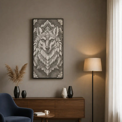 Living room with a wolf artwork on the wall, a lamp, and decorative items. Wolf Mandala | Dot Painting Kit