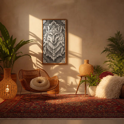 Cozy living room with a wicker chair, rug, and wall art of a wolf. Wolf Mandala | Dot Painting Kit