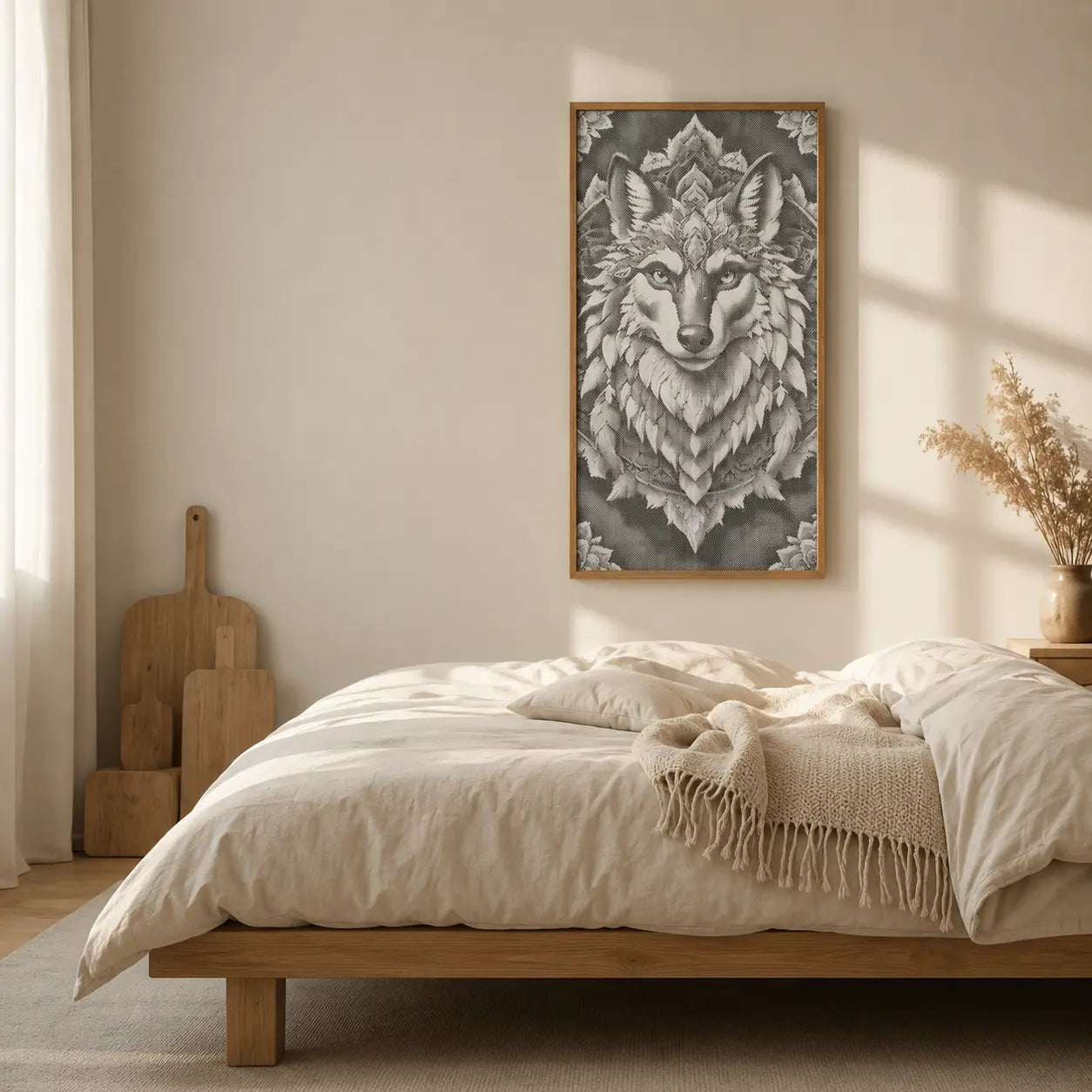 Bedroom with a wolf artwork on the wall, wooden bed, and natural light. Wolf Mandala | Dot Painting Kit